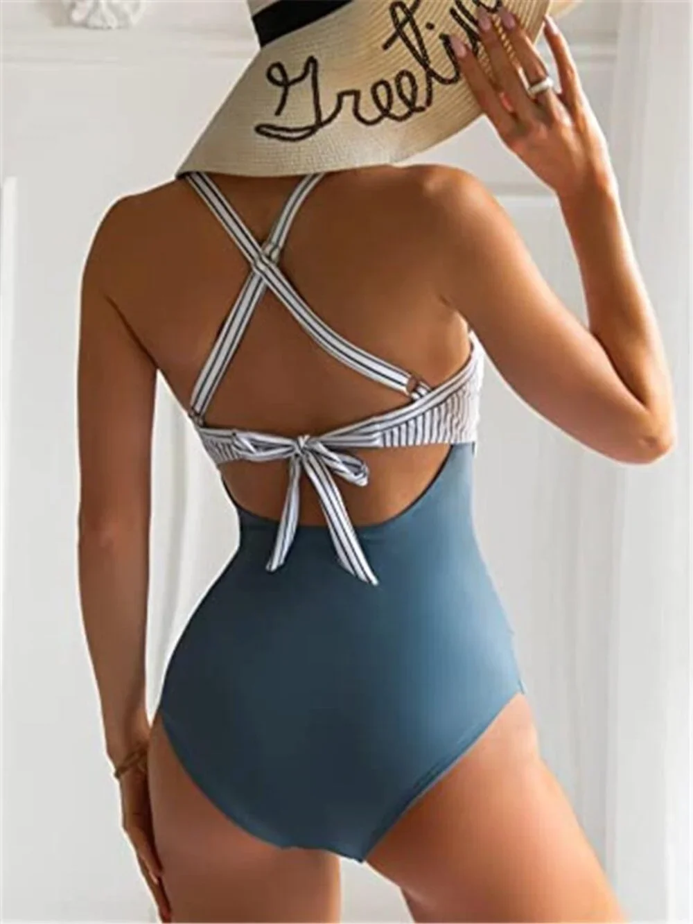 Blue Striped One Piece Swimsuit Tummy Control High Waisted Cutout Bathing Suit
